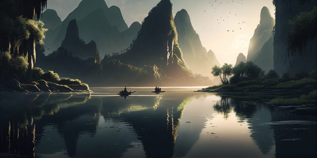 On the river surrounded by green mountains