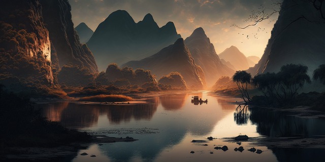 The warm light of the mountains rolling behind the rivers of Jiangnan